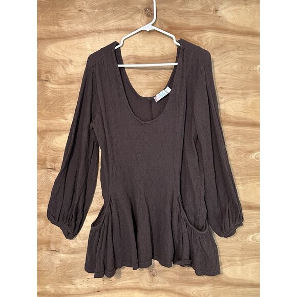 Free People FP Beach Bayside Mini Dress M Brown  Boho Hippie Peasant Top Tunic - Picture 2 of 8